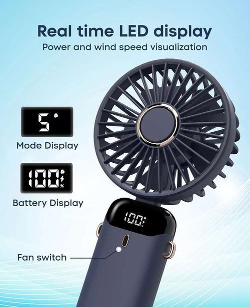 DIGITRENDS Mini Portable Rechargeable Fan - 5 Speed, 1800mAh Battery, Powerful Airflow with Display (Blue)